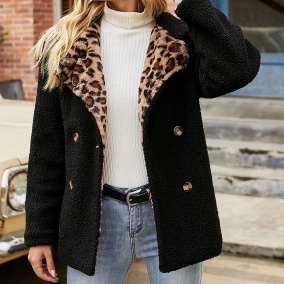 Leopard print contrast teddy coat - Picture 2 of 16